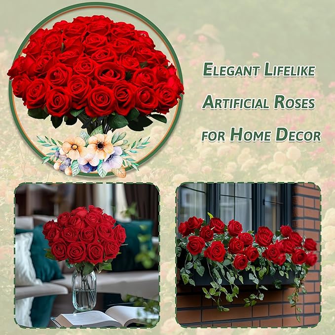 50 PCS Fake Red Roses, Artificial Red Flowers Bulk Realistic Silk Faux Rose with Stems for Wedding Decoration Anniversary Bridal Bouquet DIY Floral Arrangement Romantic Home Decor Gifts