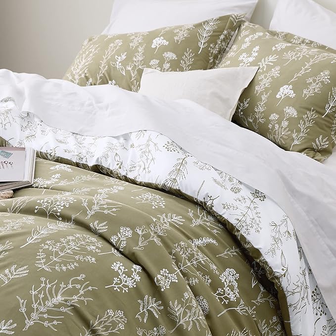 Bedsure California King Comforter Set - Olive Green Bed Set, 3 Pieces Cute Floral Bedding, 1 Soft Reversible Botanical Flowers Comforter and 2 Pillow Shams