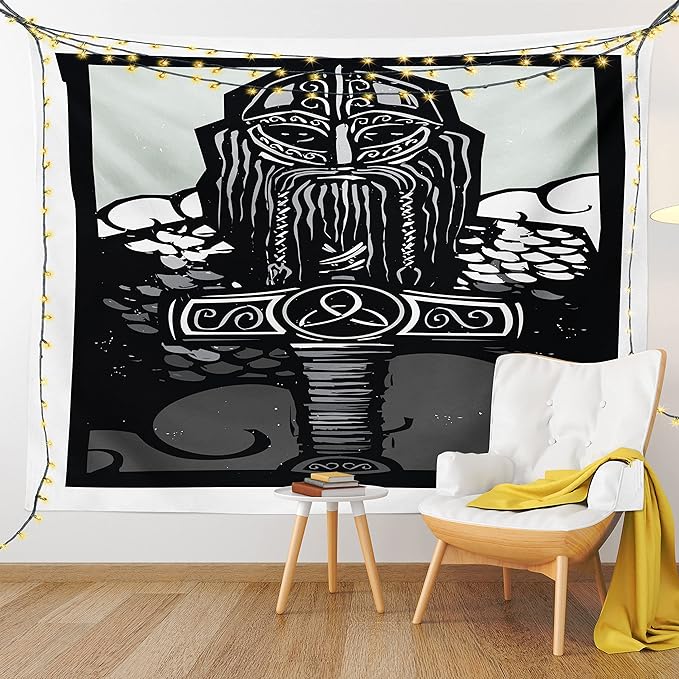 Lunarable Viking Tapestry, Thor Son of Odin Monochrome Design Guardian of Asgard Scandinavian Culture, Wall Hanging for Bedroom Living Room Dorm Decor, 40" X 60", Black White