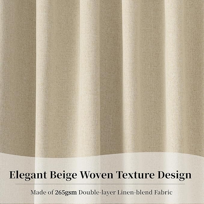 KangBang Linen Blackout Curtains 84 Inches Long, Back Tab Rod Pocket Boho Beige Curtains Room Darkening Soundproof Elegant Thick Linen Drapes for Living Room Baby Nursery(2 Panels, 52Wx84L)