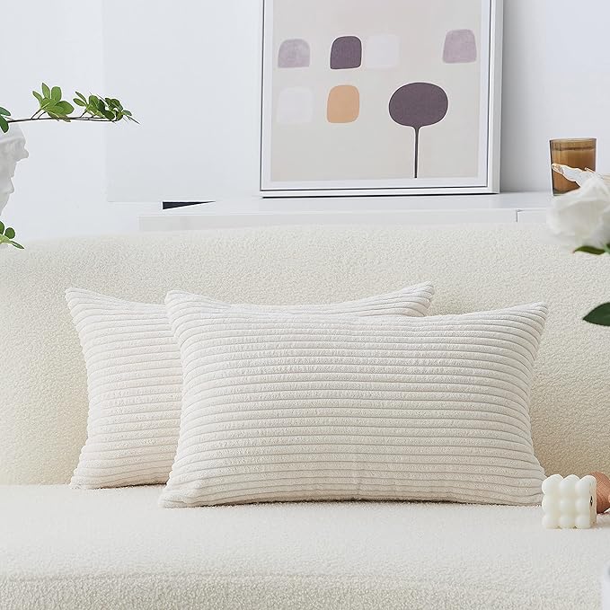 Home Brilliant Rectangle Throw Pillow Covers 12x20 Set of 2 Solid Striped Velvet Oblong Throw Pillow Case for Christmas Couch Chair Baby Toddler Lumbar Pillow, 12 x 20 inch, Cream Cheese