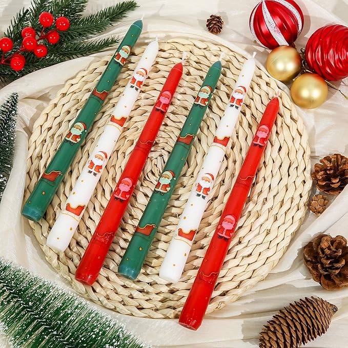 2 Pack Christmas Taper Candles, 10 Inch Unscented Candlesticks with Santa and Sleigh for Holiday Table Centerpiece, Fireplace Mantel, Advent Wreaths, Winter Weddings, Seasonal Home Decor