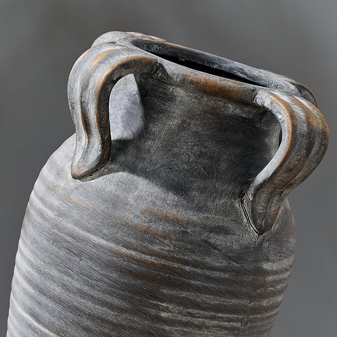 Handmade Ceramic Vase with 4 Handles, 10.83" Tall Farmhouse Rustic Terracotta Flower Vase, Vintage Vases for Home Decor, Wedding, Living Room, Table, Shelf Decor, Black Bronze
