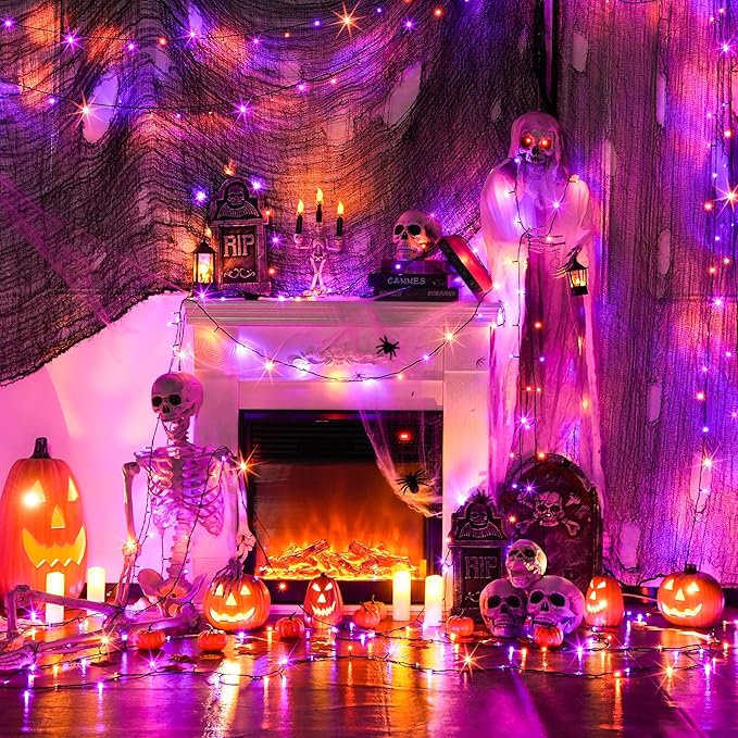JMEXSUSS 250LED Orange and Purple String Lights Outdoor Waterproof, 8 Lighting Modes Orange and Purple Christmas Lights 91.5ft Connectable Halloween Light Indoor for Tree Yard Patio House Decor