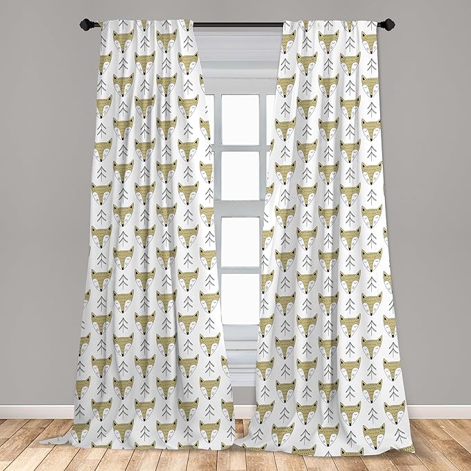 Ambesonne Cartoon Window Curtains, Doodle Style Forest Animals Hand Drawn Sleeping Fox Portraits and Trees, Lightweight Decor 2-Panel Set with Rod Pocket, Pair of - 28" x 95", White Beige