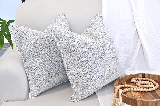 16x16 Pillow Covers Cream White & Black Set of 2, Decor Pillow Covers Square, Textured Soft Chenille Deco Cushion Covers with Trim Edge, Decorative Modern Pillows Cases for Couch Living Room Sofa