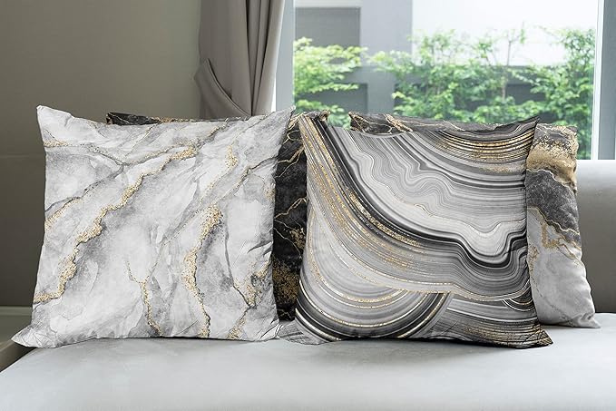 Ambesonne Marble Throw Pillow Cushion Case Pack of 4, Obsidian Like Ornaments Natural Stone Stains and Veins Golden Yellow Tone, Modern Accent Double-Sided Digital Printing, 18", Charcoal Grey Coconut