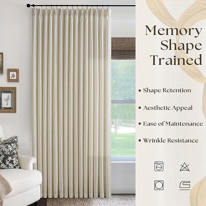 Extra Wide Pinch Pleated Linen Curtains 84 Inches Long for Patio Sliding Glass Door 100 Inch Wide Beige Flax Oatmeal Pleated Drapes with Hooks Rings Semi Sheer 100x84 Curtain for Living Room 1 Panel