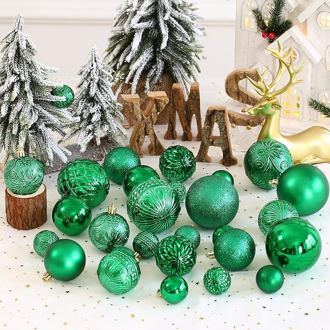 Christmas Ball Ornaments Green Christmas Tree Decorations with Hang Rope-36pcs Shatterproof Christmas Ornaments Set with 6 Styles in 3 Sizes(Small Medium Large)