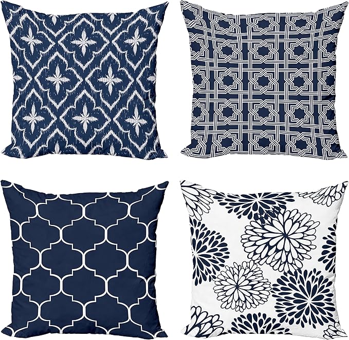 Ambesonne Vintage Throw Pillow Cushion Case Pack of 4, Quatrefoil Mesh Medieval Lattice Ornaments Ethnic Motive and Dahlia Flowers, Modern Accent Double-Sided Digital Printing, 24", Night Blue White
