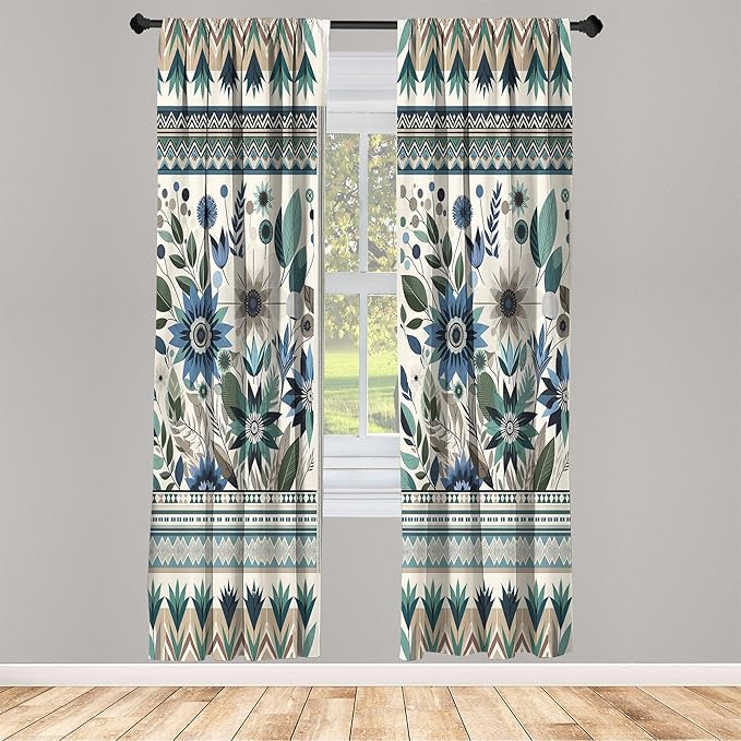 Ambesonne Art Floral Curtains, Gentle Flowers and Leaves of Spring Garden with Ethnic Boho Details, Window Treatments 2 Panel Set for Living Room Bedroom, Pair of - 28" x 95", Eggshell Laurel Green