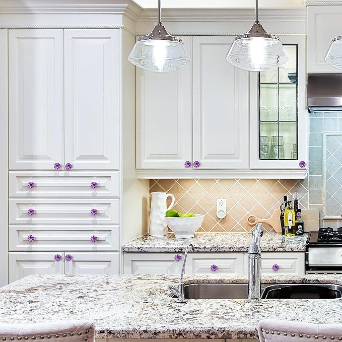 Ravinte 5 Pack Purple Crystal Knobs for Dresser Drawers - 30 mm Glass Cabinet Diamond Shaped Knobs with Silver Base