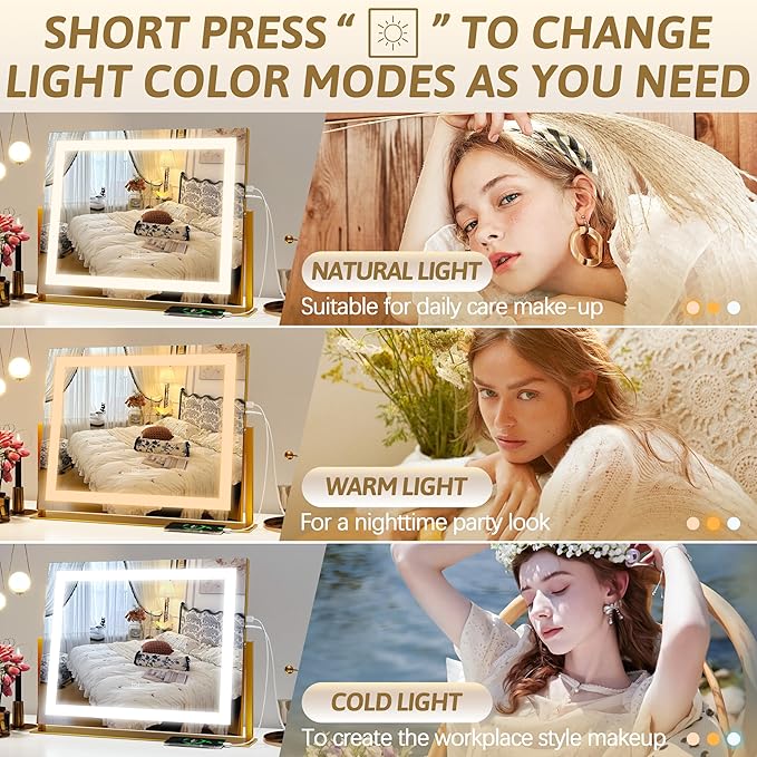 Vanity Mirror with Lights 22"x18", Lighted Makeup Mirror with 10X Magnification, Smart Touch 3 Colors Dimmable, 360° Rotation, Women Gift, Dresser Mount, Bathroom (Gold)