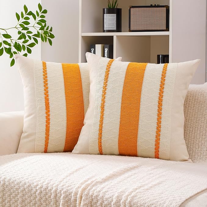 Boho Throw Pillow Covers Set of 2 Linen Farmhouse Pillow Covers 18x18,Rustic Decorative Throw Pillow Cover for Couch,Bed,Living Room (Tangerine Yellow, 18" x 18")