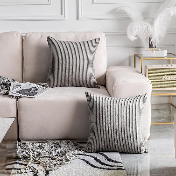 Home Brilliant Square Throw Pillow Cover 24x24 Solid Striped Corduroy Pllowcase Super Soft Plush Velvet Cushion Cover for Chair Couch Patio Furniture, 24 x 24 inch (60cm), Ash Grey