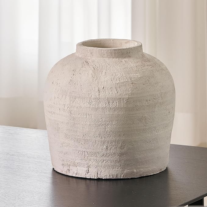 LB2 Large White Ceramic Vase, 11" Tall Zen Style Rustic vase, Terra Cotta Pitcher Vase, Distressed Farmhouse Decor, Pottery Decorative Flower for Home Decor (H 11" X 11")