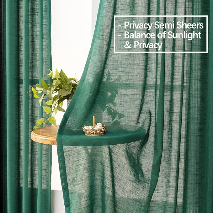 Emerald Green Curtains Semi Sheer 102 Inch Long, Dark Linen Textured Light Filtering Drapes for Living Room, Hunter Green Window Decor, Floor to Ceiling Pinch Pleat Curtain with Hooks