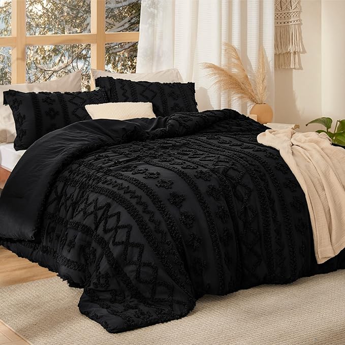 Bedsure Tufted Boho Comforter Set California King - Black Boho Bed Set, GentleSoft™ 3 Pieces Farmhouse Shabby Chic Embroidery Bedding, Gifts for Woman, Soft Jacquard Comforter for All Seasons