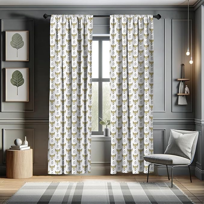 Ambesonne Cartoon Window Curtains, Doodle Style Forest Animals Hand Drawn Sleeping Fox Portraits and Trees, Lightweight Decor 2-Panel Set with Rod Pocket, Pair of - 28" x 63", White Beige