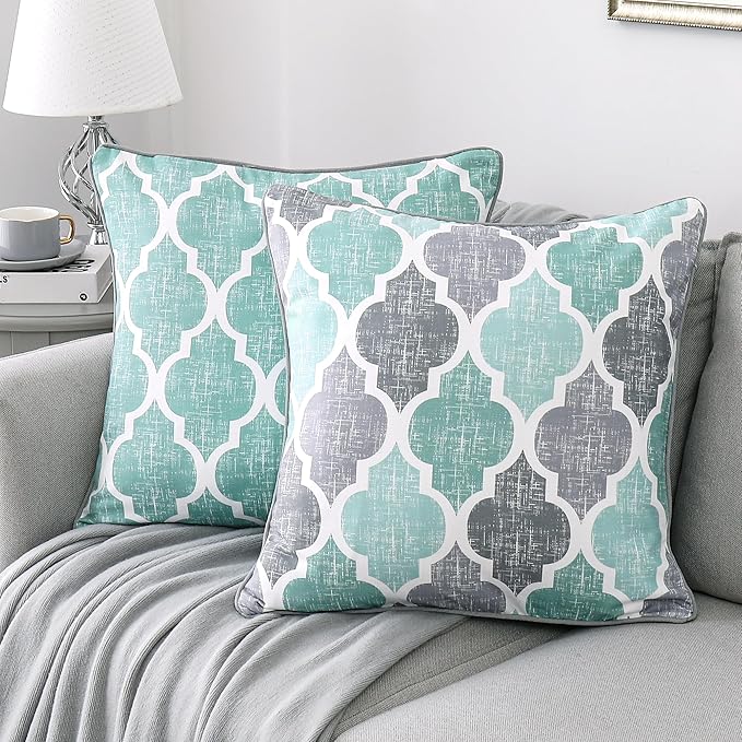 Beauoop Pack of 2 Throw Pillow Cases Covers for Couch Bed Sofa Farmhouse Double Sided Printed Colorful Geometric Trellis Moroccan Pattern Lumbar Pillow Covers, 18 X 18 Inches, Aqua Gray
