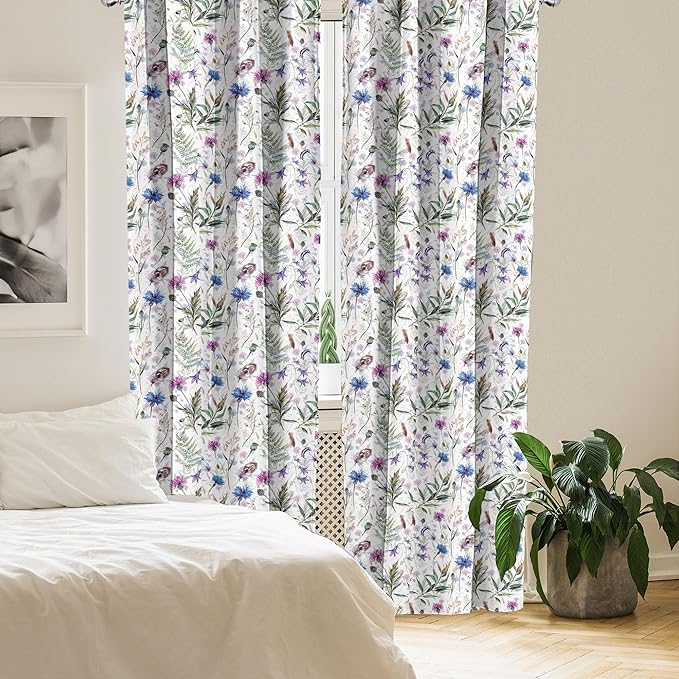 Ambesonne Thistle Window Curtains, Hand-Drawn Watercolor Style Summer Wildflowers Pattern as Cornflower and Thistle, Lightweight Decor 2-Panel Set with Rod Pocket, Pair of - 28" x 95", Green Blue