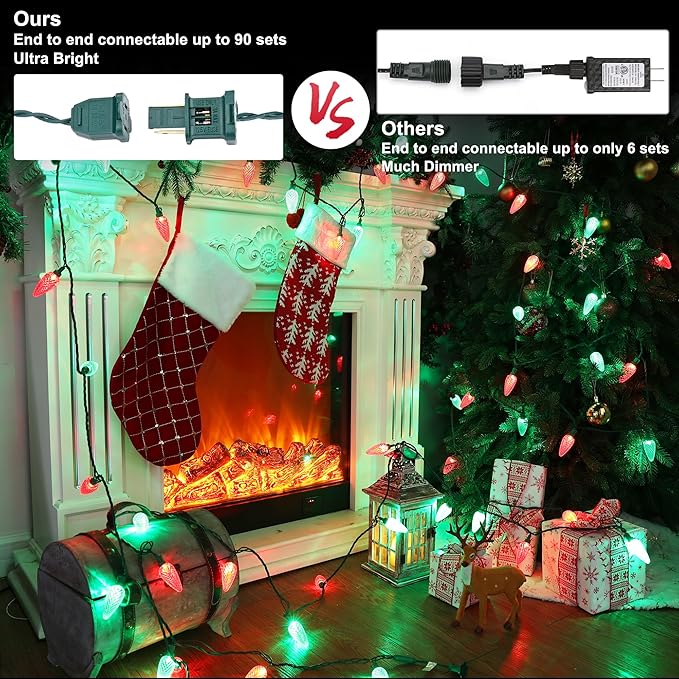 Brizled C9 Christmas Lights, 16ft 25 LED Faceted C9 Christmas Lights, Connectable Indoor Outdoor Xmas String Lights, 120V UL Certified for Tree Backyard Garden Porch Party & Holiday Decor, Red & Green