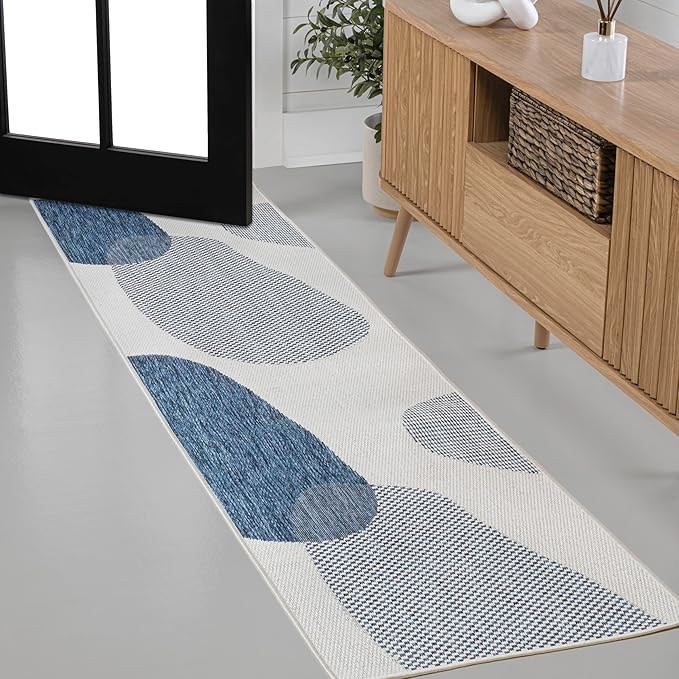 JONATHAN Y Geometric Organic Shapes Indoor Outdoor Runner Rug 2X8 Cream/Navy, Zia Modern for Backyard, Patio, Porch, Easy-Cleaning, High Traffic, Pet-Friendly, Non-Shedding (TSN306B-28)