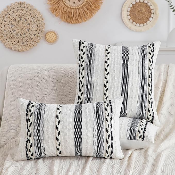 Boho Black Striped Pillow Covers Set of 2-18x18 Inch Farmhouse Coastal Decorative Throw Pillows, Neutral Accent Textured Square Pillowcase for Couch Living Room, Bed, Chair Sofa Home Decor