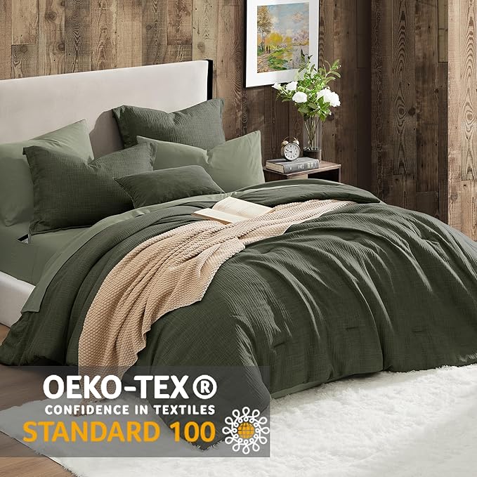 Geniospin Dark Olive Green Queen Comforter Set - 7 Pieces Comforter Queen Size, Solid Bedding Set for All Season, Textured Bed in a Bag with Sheets