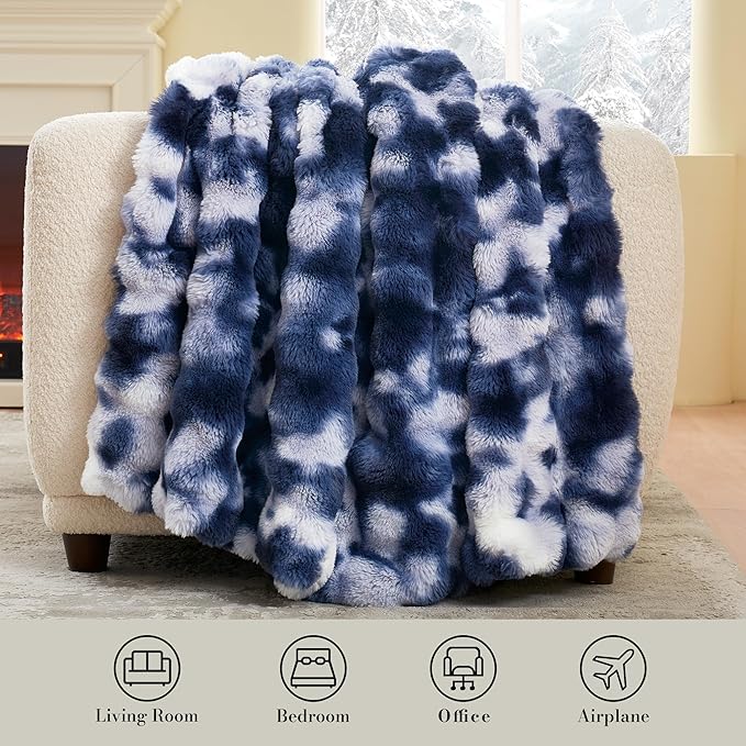 Amélie Home Faux Fur Throw Blanket for Couch, Ultra Soft Fuzzy Plush Bubble Throw for Sofa, Living Room & Home Decor, 50"x60", Tie-dye Blue