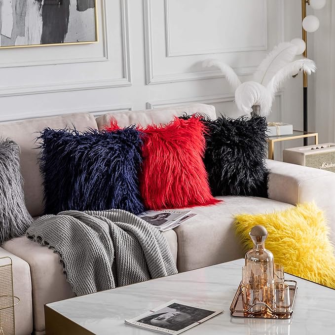 Home Brilliant Decorative Faux Fur Euro Sham Couch Pillow Covers Large Square Throw Pillow Cases for Sofa, Set of 2 (24 x 24 inch, Navy Blue)