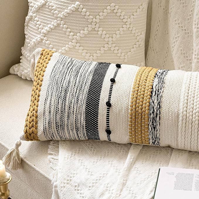 BlissBlush Fall Decorative Lumbar Throw Pillow Cover 14x36 Boho Long Cushion for Bed Yellow Mustard Accent Farmhouse Pillowcase for Bedroom Living Room Couch Sofa Home Décor Cover ONLY