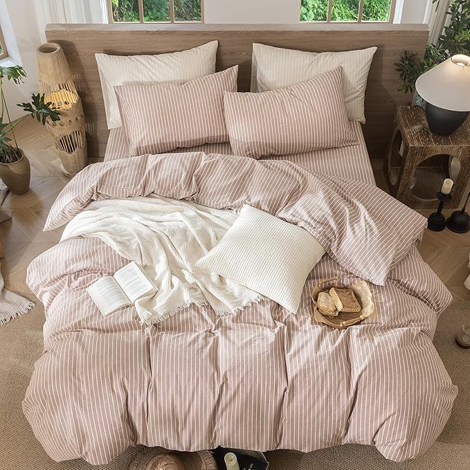 MooMee Striped Duvet Cover Set 100% Washed Cotton Linen Like Textured Breathable Durable Soft Comfy (Orange White Wide Stripes, Queen 90"x90")