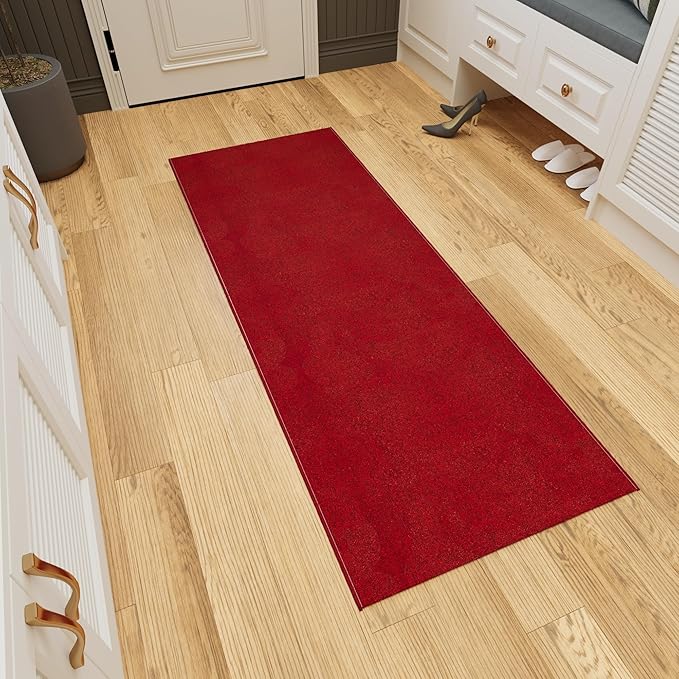 Ottomanson 2'7" x 7' Ultra-Thin Hallway Runner Rug - Durable Non-Slip Carpet for High-Traffic Areas - Fits Under Doors for Seamless Entry - Ideal for Kitchen, Entryway, Bedroom & Living Room, Red