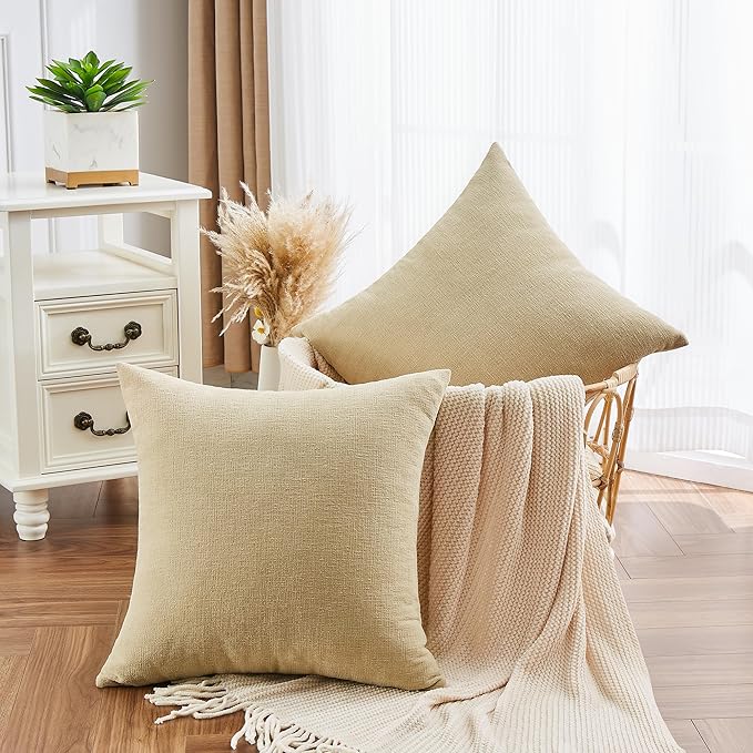 GAWAMAY Decorative Square 16x16 Inch Throw Pillow Covers Set of 2, Super Soft Chenille Pillows Farmhouse Fall Pillowcase for Living Room Bedroom Sofa Couch Cushion Cover Khaki 40x40cm (No Insert)