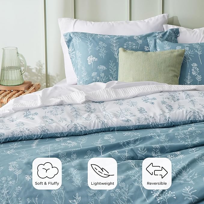 Bedsure Oversized Queen Comforter Set - Mineral Blue Bed Set, 3 Pieces Cute Floral Bedding, 1 Soft Reversible Botanical Flowers Comforter and 2 Pillow Shams