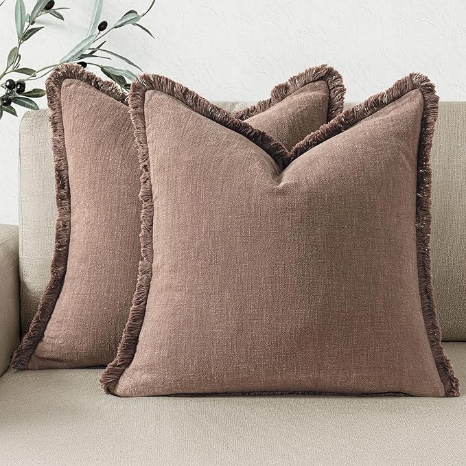 Woaboy Decorative Linen Fringe Throw Pillow Covers Boho Farmhouse Soft Euro Accent Pillowcases with Tassels for Bed Couch Sofa Living Room Bedroom,24x24 Inch Set of 2,Dark Coffee