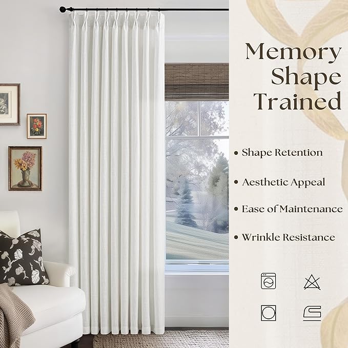 Ivory White Pinch Pleated Linen Curtains 1 Panel for Living Room Bedroom Memory Training Shaped Semi Sheer Pleat Drapes Hooks Rings Light Filtering Non See Through Window Curtain Sliding Door 60x108