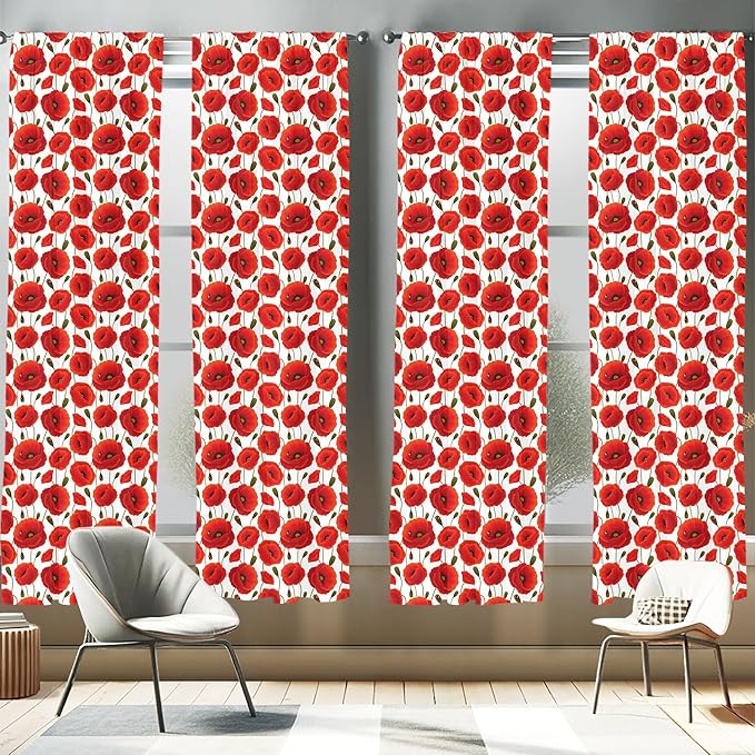 Ambesonne Poppy Flower Window Curtains Pack of 2, Springs Ladybugs Animals and Plants Flora Fauna Nature, Lightweight Set with Rod Pocket, 4 Panels of - 28" x 95", Burnt Orange Olive Green