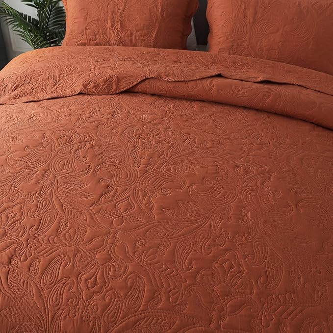 HoneiLife Embroidered Quilt King Size - 3 Pieces Microfiber Quilt Sets Lightweight Bedspreads Reversible Coverlets Retro Bed Cover Paisley Pattern Bedding Set All Season Quilts-Rust