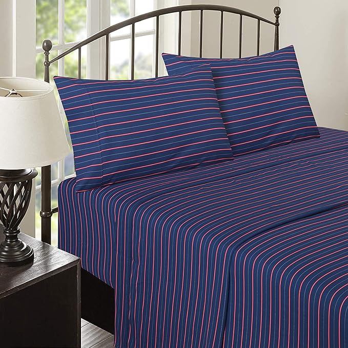 RUVANTI 100% Cotton Twin Sheets Set, 3 Pieces, Soft & Breathable Percale Weave Bedding, Deep Pocket 16", Hotel Standard, Crisp Cool Feel, Durable, Perfect Striped Bed Sheet, Nautical