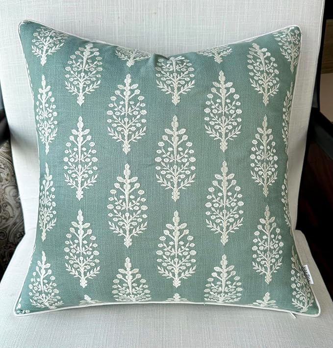 Chandni Paiseley Embroiderd Decorative Square Accent Throw Pillow Cover - Sofa, Chair, Couch, Bedroom, Living Room, Farmhouse Home Decor - 20x20 Inches-Light Teal