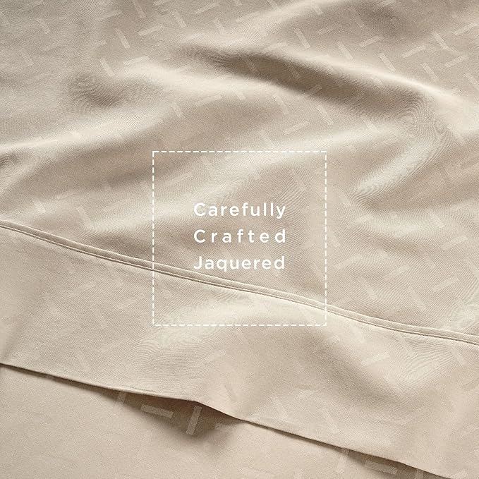 Threadmill Cotton Twin Sheet Set | 100% Cotton Sheets for Twin Size Bed | Damask Jacquard Sateen Bed Sheets Set with 16” Deep Pocket | Soft Breathable 3-Piece Cooling Sheet Set | Beige
