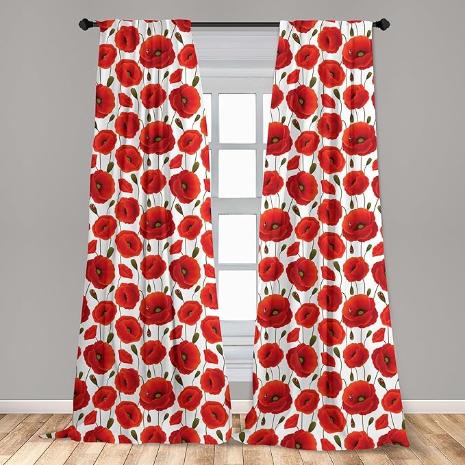 Ambesonne Poppy Flower Window Curtains Pack of 2, Springs Ladybugs Animals and Plants Flora Fauna Nature, Lightweight Set with Rod Pocket, 4 Panels of - 28" x 63", Burnt Orange Olive Green