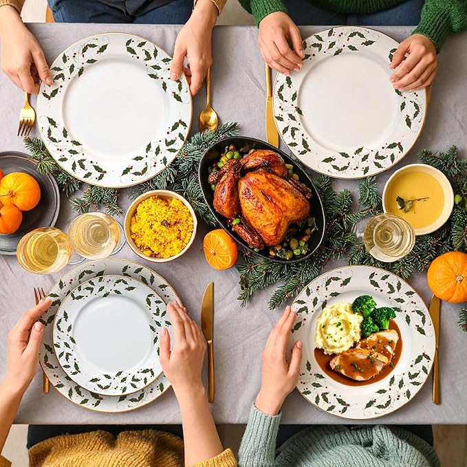 Gusto Buono Christmas World Porcelain 12Pcs Dinnerware Set – Red & Green Holly Leaf Design | 4 Cereal Bowls (5.5”), 4 Salad Plates (7.5”), 4 Dinner Plates (10.5”) - Perfect for Holiday Meals