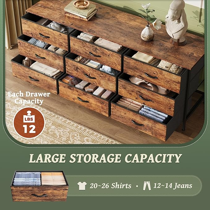 Huuger 9 Drawer Dresser, 55 Inch TV Stand for 55, 60 Inch TV, Entertainment Center with Drawers, Large Storage Fabric Dresser for Bedroom, Closet, Rustic Brown