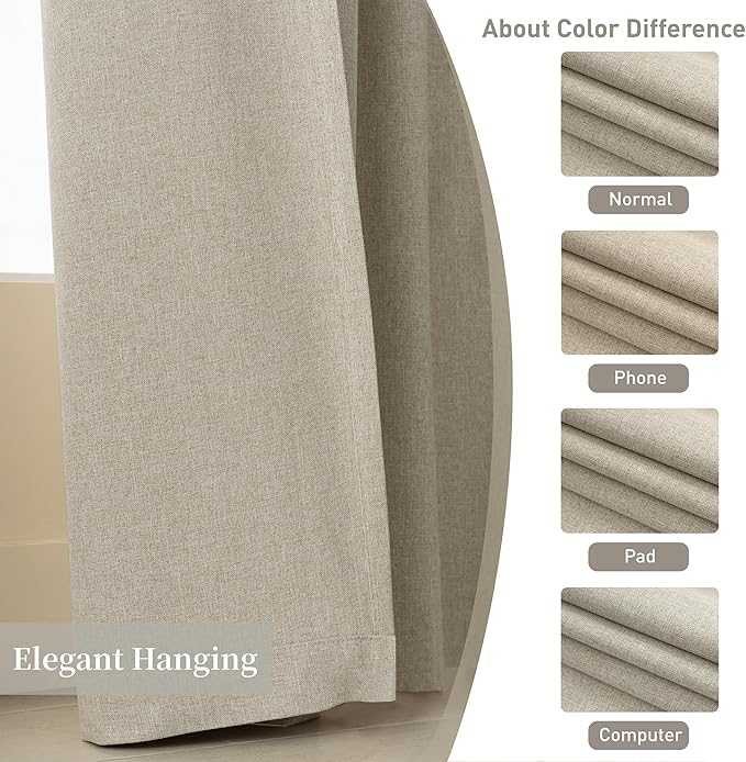 KangBang Linen Blackout Curtains 84 Inches Long, Rod Pocket Back Tab Curtains for Bedroom Living Room, Rustic Burlap Window Drapes with Clip Rings Made 52 Inch Wide by 84 Inch Length 2 Panels