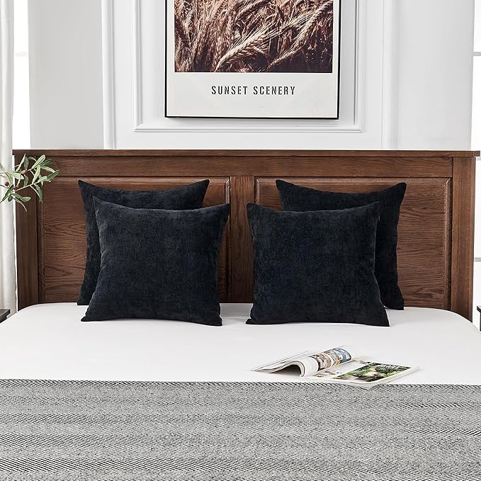 GAWAMAY Decorative Square Throw Pillow Covers 18"x18" Inch Set of 4, Super Soft Chenille Pillows Farmhouse Fall Pillowcase for Living Room Bedroom Sofa Couch Cushion Cover Black 45x45cm (No Insert)