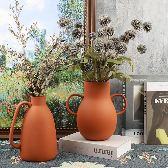 Terracotta Vases Sets of 2,8inch Decorative Ceramic Vases,Rustic Farmhouse Handle Flower Vase,Clay Decorative Vases for Living Room,Table,Shelf