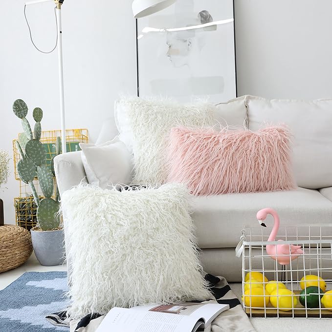 Home Brilliant 12x20 Pillow Cover Rectangular Faux Fur Fuzzy Accent Pillows Case for Couch Decor, 30cmx50cm, 2 pcs, Pink